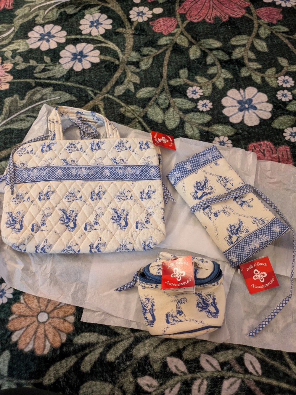 Blue and White Toile Cosmetic Bag Set, 3 Pieces